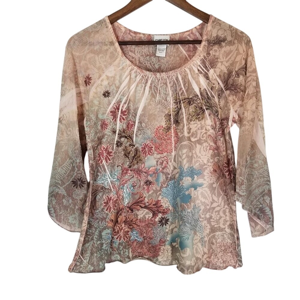Chicos Womens Sheer Burnout Floral Rhinestone 3/4 Sleeve Top Size 1‎
